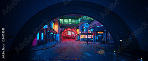 Street of a futuristic city, starting with an arch in a tunnel Tableau sur Toile