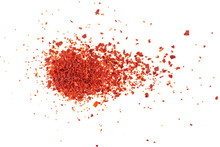 Close-up Shot Of Crushed Red Chili Pepper Flakes Isolated On White Background, Top View.