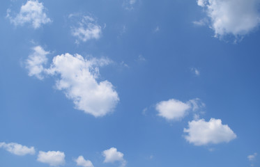 Bottom view of the blue sky and white clouds. Background, texture.