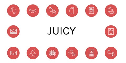 Poster - Set of juicy icons such as Kiwi, Banana, Peach, Mango, Juice, Watermelon, Cherry, Pomegranate, Apple , juicy