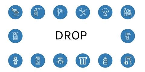 Canvas Print - Set of drop icons such as Shower, Sprays, Paint brush, Parachute, Moisturizer, Pipe, Medicine, Dropper, Hot water, Soap, Spray , drop