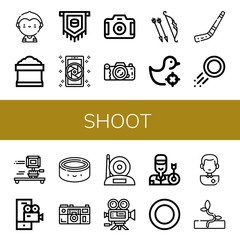 Wall Mural - Set of shoot icons such as Soccer player, Potting soil, Puck, Camera, Archer, Shooting gallery, Hockey stick, Video camera, Sprout , shoot