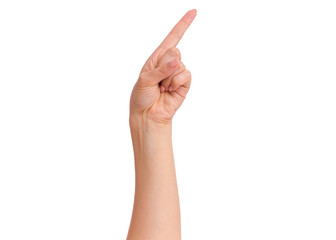 Wall Mural - Female hand pointing something, isolated on white background. Beautiful hand close-up of woman with copy space. Finger pointing way.