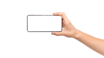 Poster - Woman's hand holding modern smartphone with blank screen for mockup