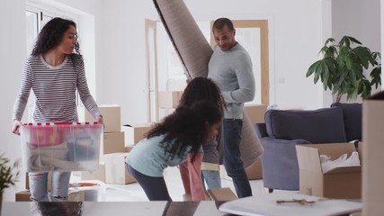 Wall Mural - Smiling Family Carrying Boxes Into New Home On Moving Day