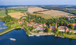 Aerial panoramic view of the beautiful town of Malchow in the Mecklenburg Lake District, Germany