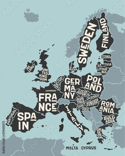 Fototapeta na szkło Unia Europejska, Europa. Plakatowa mapa Unii Europejskiej