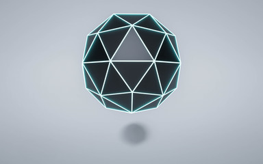 Poster - Glowing geometric dark polygonal structure with turqouise light wire mesh, modern science and tech object 3d render illustration