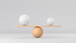 Wooden scales and two spheres on a white background. Small and big. 3d render illustration.