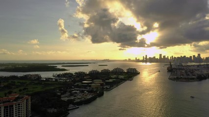 Wall Mural - Aerial panorama Miami FL sunset port harbour 4k