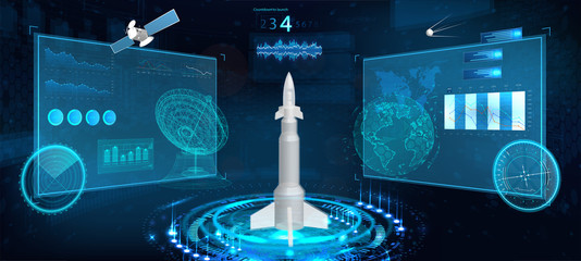 Spacecraft futuristic HUD panel. Space launch rocket with isometric high-tech interface. Sky-fi dashboard , instrument panel, radars, space dish, 3d spaceship, space satellite in the HUD style. Vector