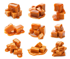 Tasty sweet caramel on white background