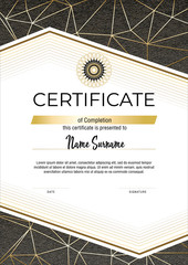 Certificate with metallic gold lines on grey background. Modern fashion horisontal Certificate template. Elegant diploma in vector.