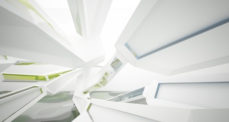 Abstract architectural white and glass gradient color interior of a minimalist house with water. 3D illustration and rendering.