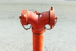 Close up red standpipe hydrant system for fire prevention and fighting standing on footpath with blurred street background.