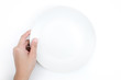 Top view, hand holding a white plate on a white background, Close up. Isolated background.