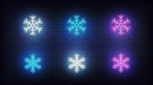 Snow Icons Neon. Vector Glowing Neon Colorful Snowflake Icons