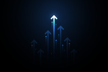 Up Light Arrows And Speed Lines On Dark Blue Background, Copy Space Composition, Growth Competition Technology Concept.