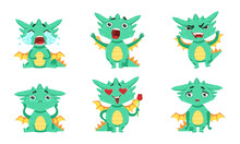 Cute Green Dragon Cartoon Character In Different Situations Set, Funny Fantastic Creature With Various Emotions Vector Illustration