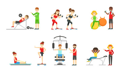 Wall Mural - People Doing Sports in the Gym with the Equipment Set, Men and Women Wearing Sports Clothes Exercising in Fitness Center with Coach, Healthy Lifestyle Concept Vector Illustration