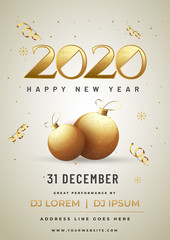 Wall Mural - Glittering golden text 2020 with baubles and event details for Happy New Year celebration template or flyer design.