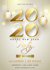 Sticker - Happy New Year Party invitation card design with glittering text 2020 and hanging baubles on shiny background.