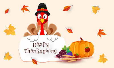 Sticker - Illustration of turkey bird holding message card of Happy Thanksgiving with vegetable grain fruit and autumn leaves decorated on background.