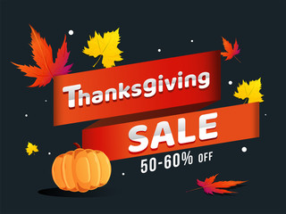 Wall Mural - Advertising banner or poster design decorated with maple leaves, pumpkin and 50-60% discount offer for Thanksgiving Sale.