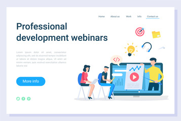 Poster - Professional development webinars, electronic library. Online education technology, communication with laptop, business teaching, learning vector. Webpage or website template, landing page flat style