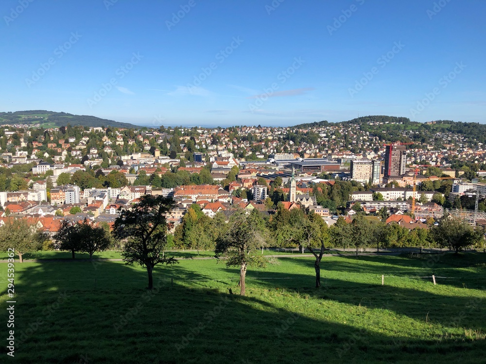 View of the city from Three Ponds recreation area - St. Gallen, Switzerland - obrazy, fototapety, plakaty 