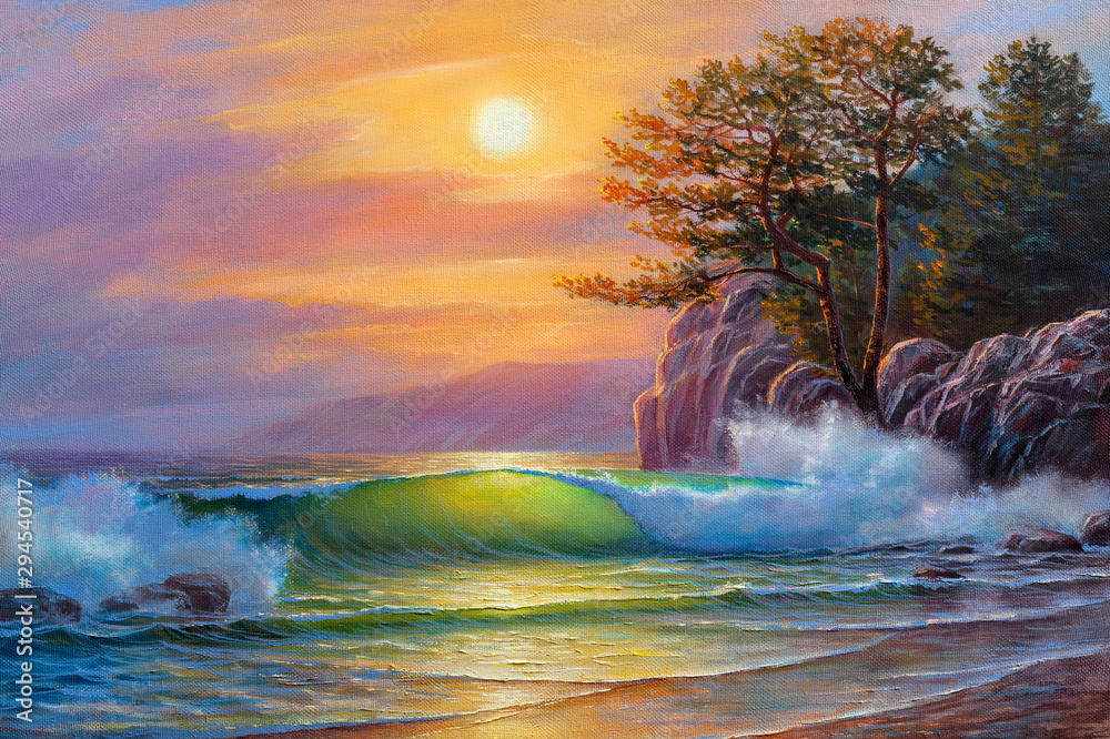 Pejzaż, wschód słońca nad morzem, obraz olejny na płótnie - obrazy, fototapety, plakaty 
