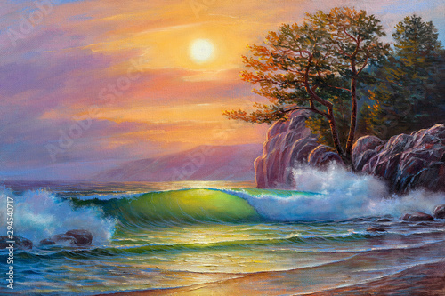 Naklejka dekoracyjna Sunset over sea, painting by oil on canvas. Sea wave.