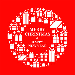 Poster - Vector illustrations of Christmas greeting card with a round frame from gifts on red background