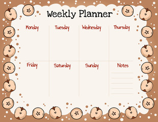 Cozy autumn weekly planner and to do list with apples ornament. Cute template for agenda, planners, check lists, and other stationery