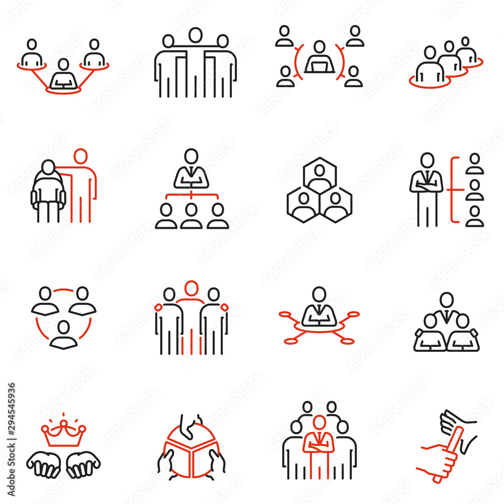 Vector set of linear icons related to Company Organization Structure, Human Resource Management and Succession. Mono line pictograms and infographics design elements - obrazy, fototapety, plakaty 