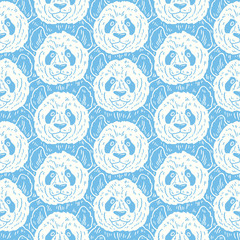 Wall Mural - Cute funny cartoon panda seamless pattern. Vector illustration hand drawn in lines. Trendy doodle background