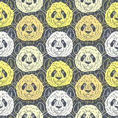 Wall Mural - Cute funny cartoon panda seamless pattern. Vector illustration hand drawn in lines. Trendy doodle background