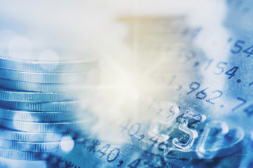 double exposure of coins and book bank with credit card for finance and business concept