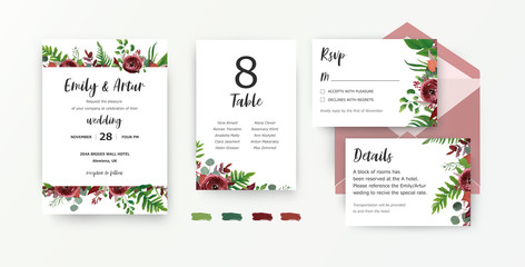 Wedding stationery set. Invite, invitation card, rsvp, table number, details. Vector watercolor floral design: red Ranunculus flower,  burgundy, silver seeded eucalyptus branches, tender green leaves.