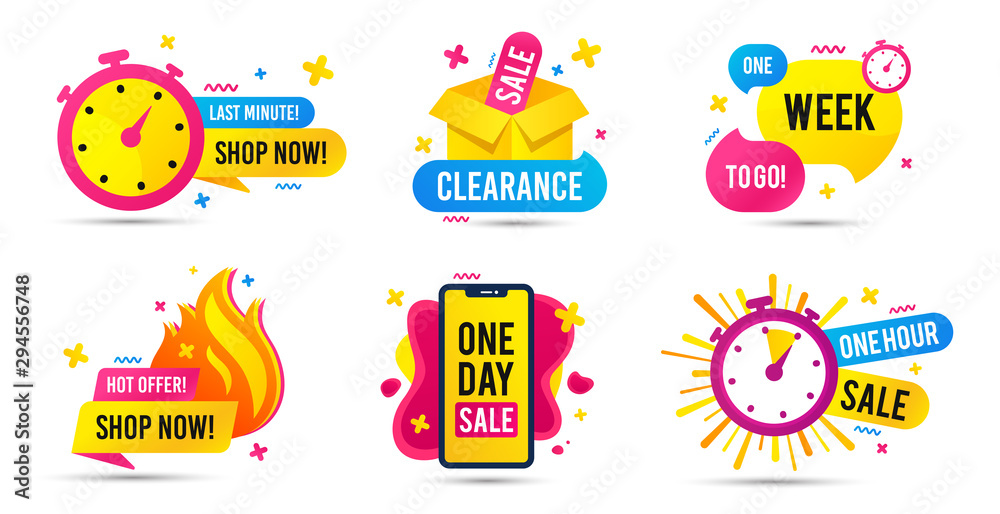 Sale timer badges. Last minute banner, one day sales and hot offer stickers. Clearance sale promotions, best deal badge, happy hours promo icon. One week to go countdown. Vector icons set - obrazy, fototapety, plakaty 