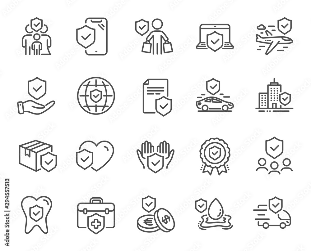 Insurance line icons. Health care, risk, help service. Car accident, flood insurance, flight protection icons. Safety document, money savings, delivery risk. Car full coverage. Vector - obrazy, fototapety, plakaty 