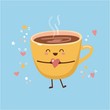 Cute vector illustration of a yellow cup of hot coffee with steam and heart in hands.