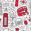 Vector seamless pattern London, Great Britain. Hand drawn doodle symbols of the UK capital in dark grey outline and bright red color blocks. Endless background for print, wallpaper, textile design. 