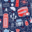 Vector seamless pattern with symbols of London, Great Britain. Hand drawn doodle elements in blue, white and red colors. Endless background for print, wallpaper, textile design on the UK theme. 