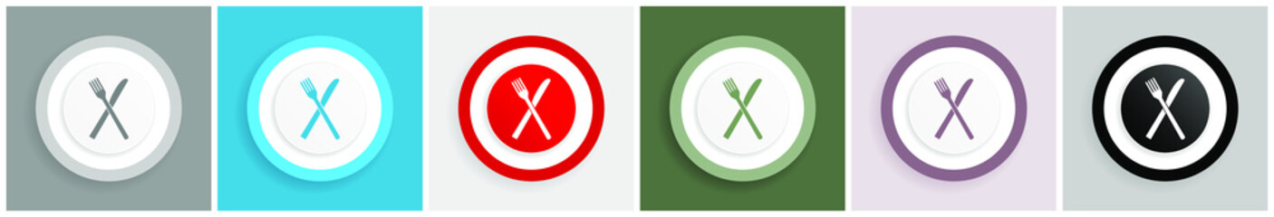 Fototapete - Restaurant icon set, colorful flat design vector illustrations in 6 options for web design and mobile applications