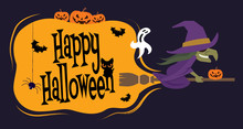 Happy Halloween. Cartoon Witch Character Flying On Broom With Big Cloud Shape Signboard - Vector Character