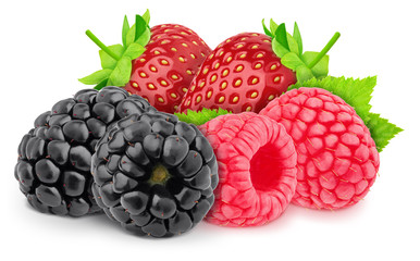 multicolored composition with assortment of berries: strawberry, raspberry and blackberry isolated o
