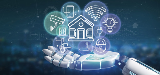 Poster - Cyborg holding Smart home interface with icon, stats and data 3d rendering