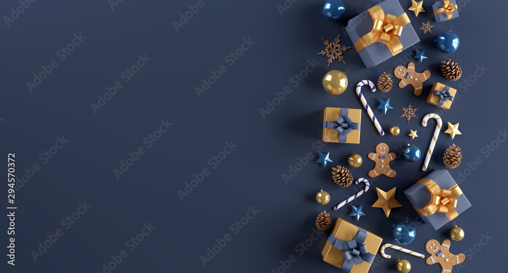 Christmas white background with christmas balls and decoration - 3d rendering - obrazy, fototapety, plakaty 