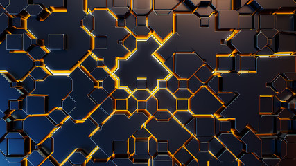 geometric abstraction with yellow lighting elements.3d render.